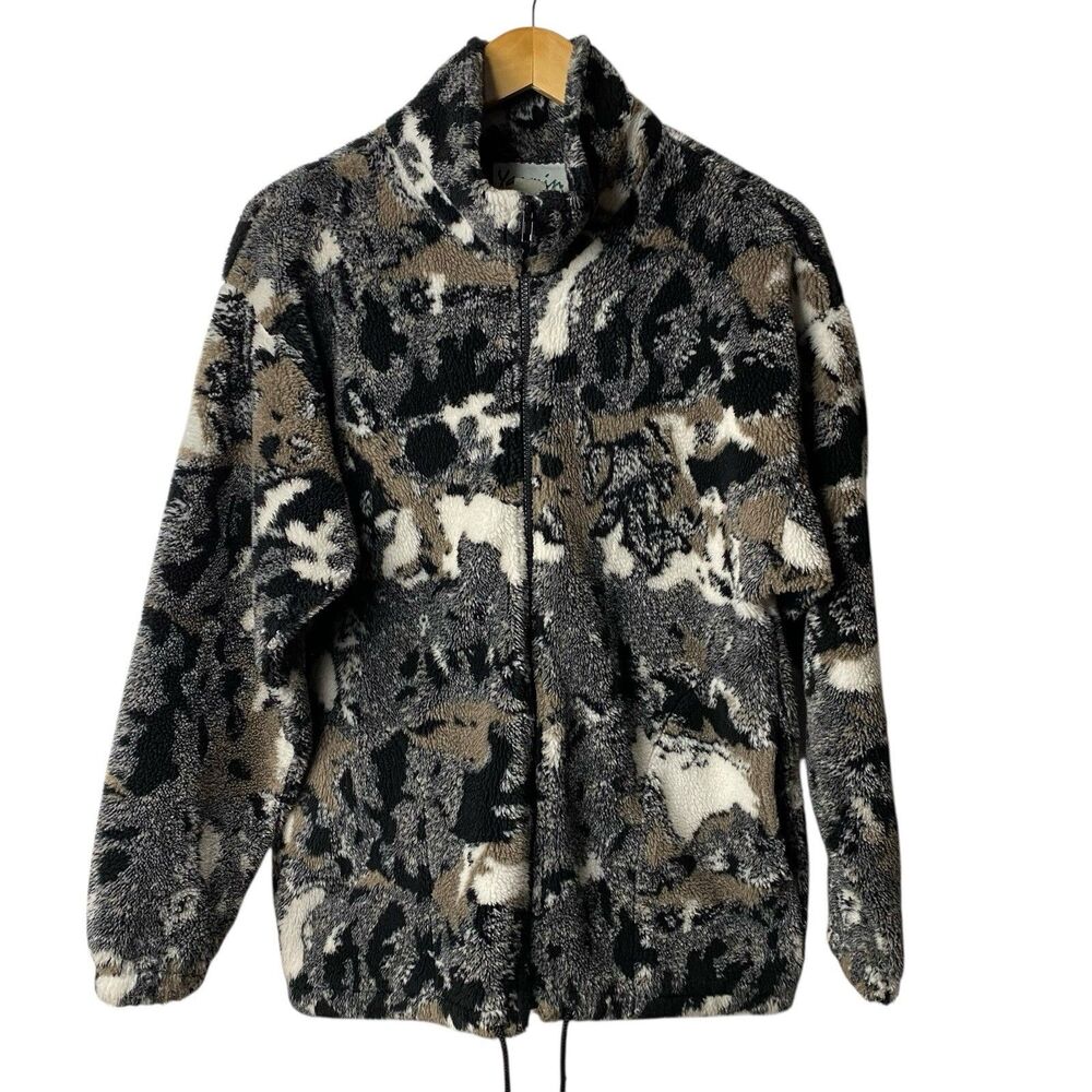 Vintage 90s Yamin Sherpa Fleece Jacket Mens S USA Made Camo Abstract Full Zip